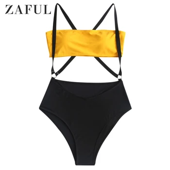 

ZAFUL Two Tone Criss Cross High Cut Suspender Bikini Swimsuit High Leg Swimsuit 2020 Two Piece Swimsuit Women Swimwear Yellow
