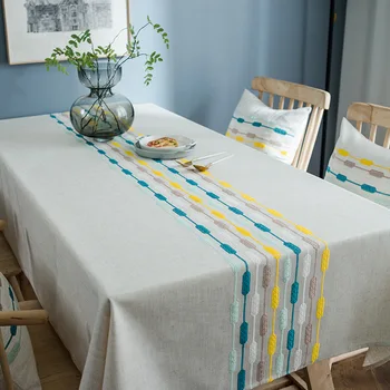 

Simple Color Embroidered Striped Tablecloth Cotton Linen Waterproof Modern Geometric Table Cloth Rectangular Coffee Table Cover