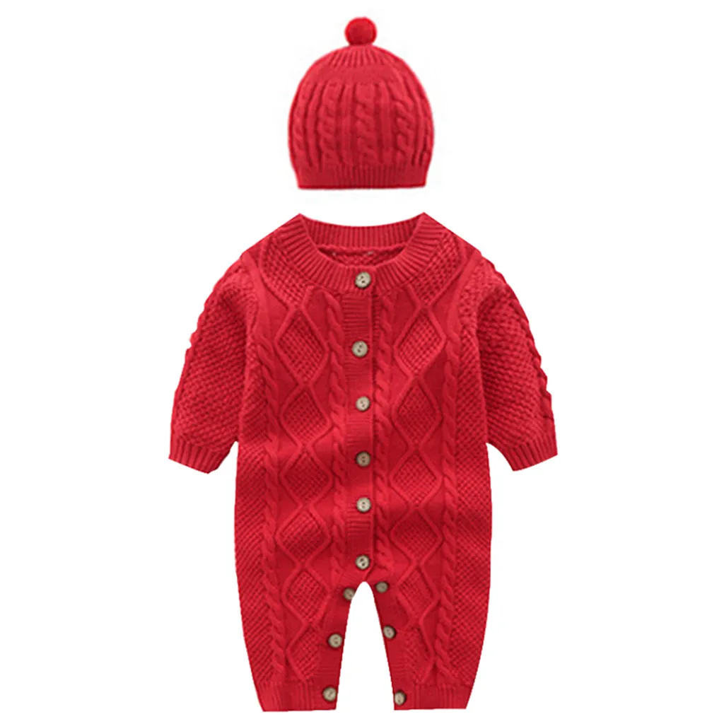 Теплый вязаный свитер для новорожденных мальчиков и девочек, комбинезон с шапкой, Детская верхняя одежда для малышей, детские комбинезоны, зимняя одежда, кардиган - Цвет: Red