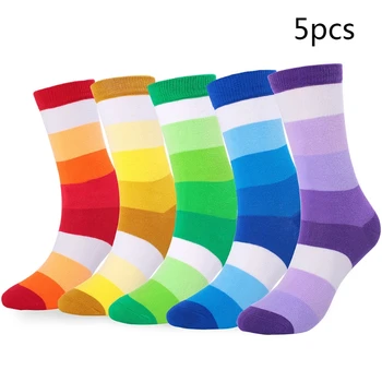 

5 Pair Men Gradient Rainbow Colorful Stripes Long Socks Breathable Deodorant Harajuku Casual Sport Cotton Tube Stockings