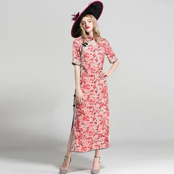 

Wholesale Elegant Lady Cheongsam Vintage Dresses Stitching Embroidery Runway Design Split Hem Romantic Pink Print Midi Dress