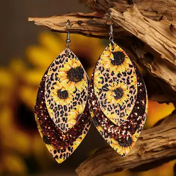 

2020 New PU Leather Sunflower Three-Layer Sequined Leaf Shaped Drop Earrings for Women