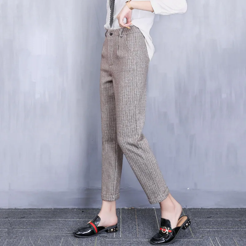 Khaki Spring Straight Wool Plaid Women Pants Ankle-Length Casual Office Lady Suit Pants Trousers Pantalon Femme - Color: Khaki