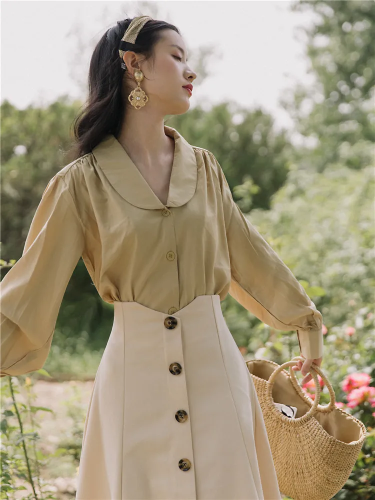 shirt and skirt Модные офисные женские комплекты винтажный воротник Питер Пэн фонарь рукав рубашка и Империя Длинная макси юбка элегантный тонкий женский костюм - Цвет: shirt and skirt