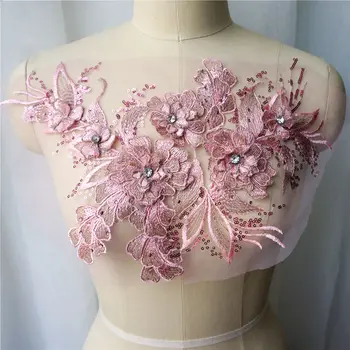 

Pink 3D Flower Leaf Lace Fabric Sequin Rhinestone Embroidered Gown Appliques Collar Mesh Sew Patch For Wedding Decoration Dress