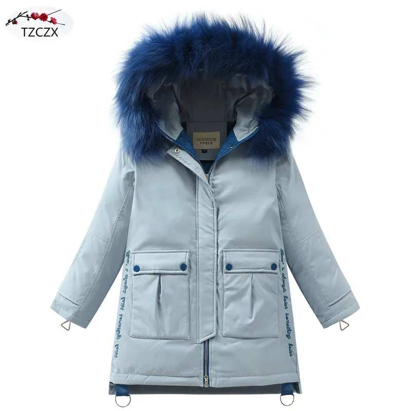 Зимние детские пуховики с капюшоном; модная однотонная пуховая верхняя одежда с меховым воротником для девочек; детская куртка; пальто