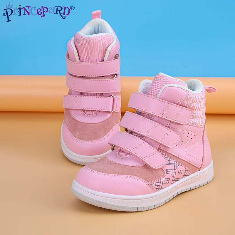 Ботильоны Princepard для девочек и мальчиков, ортопедические детские кроссовки с стельками с поддержкой свода стопы, кожаная обувь розового и серого цветов