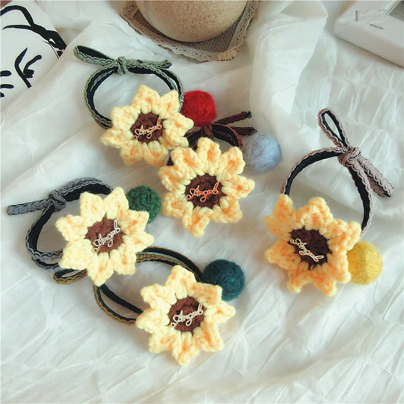 

Korean Sweet Girl Women Ponytail Hair Accessories Fashion Cute Handmade Wool Knitting Sun Flower Hairball Rubber Band Headwear