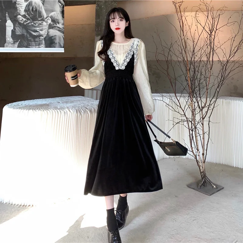 French Vintage Velvet Dress Suits Women Fashion Elegant Two-piece Sets Autumn V-neck Vest Dress + Long Sleeve Shirts Female nike women s nike sportswear collection reverse french terry vest dv8314 113