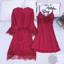 Ледяная шелковая ночная рубашка из двух частей для женщин, тонкий кружевной халат с подушечкой на груди, сексуальная ночная рубашка с ремнем, имитация шелка, популярная домашняя одежда