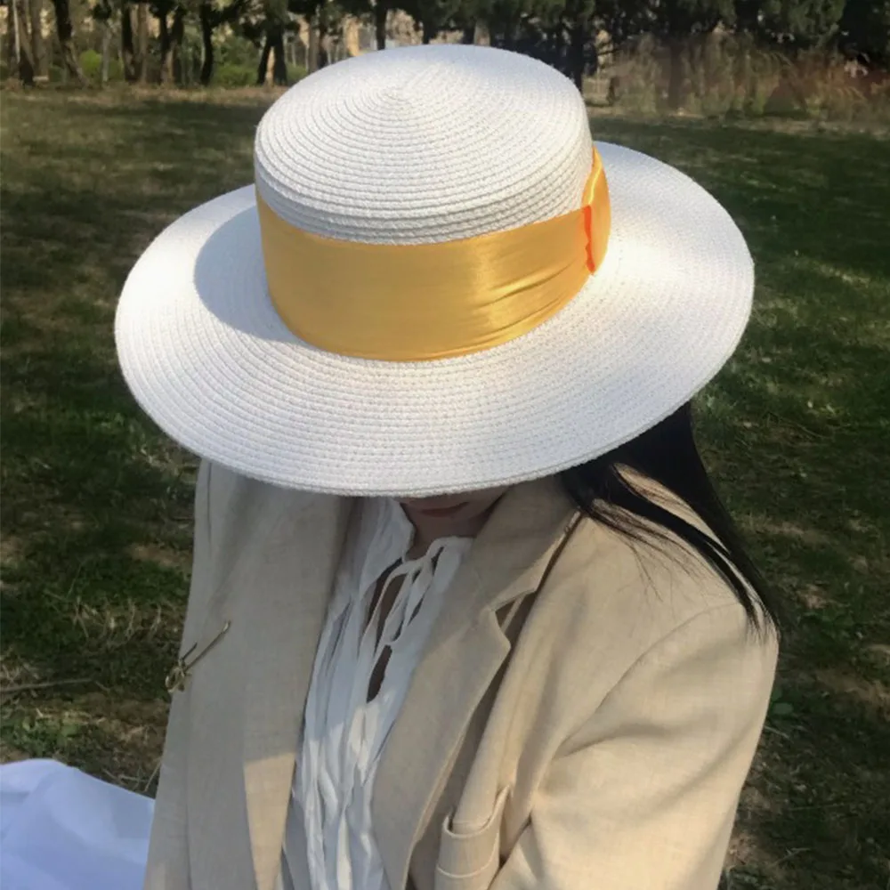 White Women Braid Straw Hat Big Ribbon Fedora Wide Brim Lady Dress