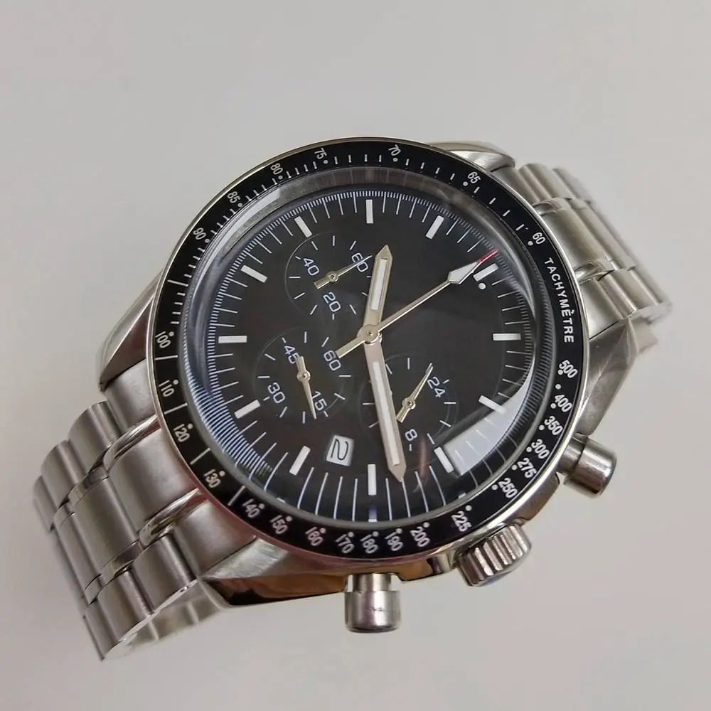 

Chronograph 40mm watch luxury luminous hands japan quartz black dial silver steel bracelet black bezel date UI1
