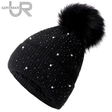 Новейшая женская шапка со стразами и жемчугом, вязаные зимние шапки, модная женская теплая мягкая шапка, Высококачественная меховая шапка с помпоном, женские шапочки