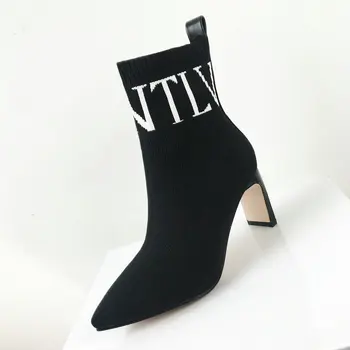 

Sock Boots Women Stretch Knitting Square High Heel Ankle Boots Fashion Black Pointed Toe Autumn Spring Ladies Shoes