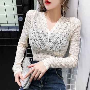 

2020 New V-neck Lace Blouses Tees Female Full Sleeve Stretchy Hollow Out Elegant Thin Blouse Shirt Tops For Women