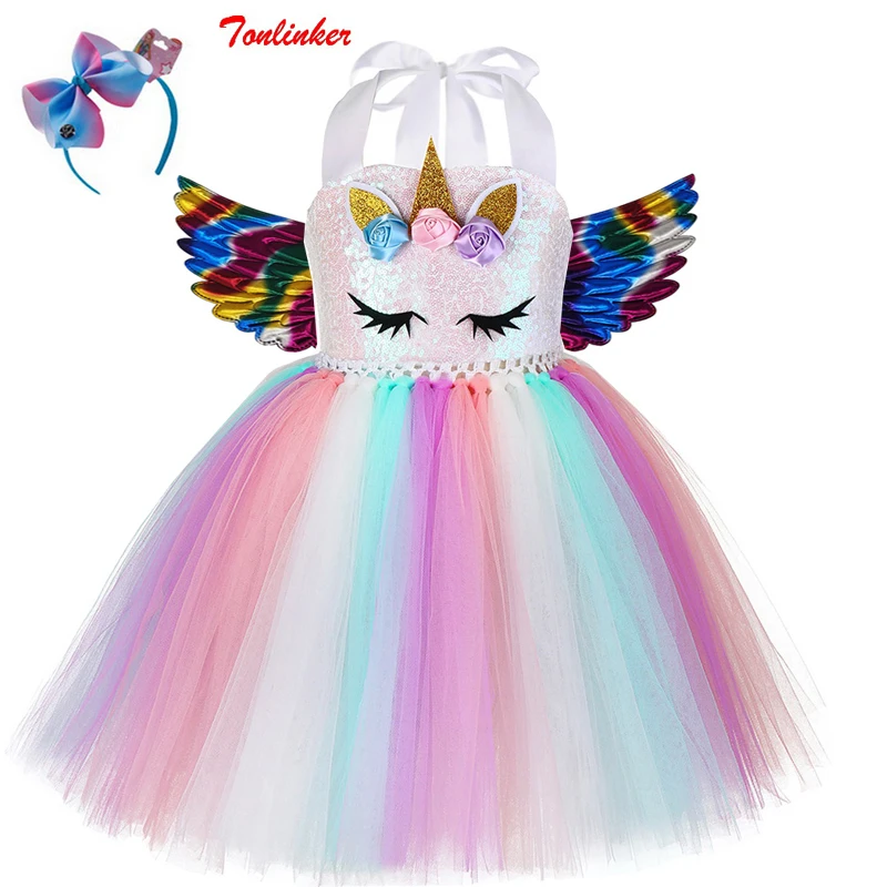 

Girls Halloween Unicorn Sequins Costume Dress Fancy Up Kids Rainbow Mesh Flower Tutu Party Dresses Princess Cosplay Dressing Up