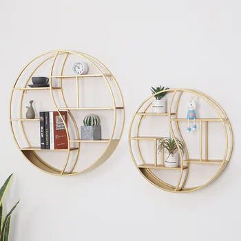 

2020 Round Wrought Iron Shelf Home Living Room Wall Decoration Rack Gold Simple Bookshelf Retro Storage Holders Racks Wall Shelf