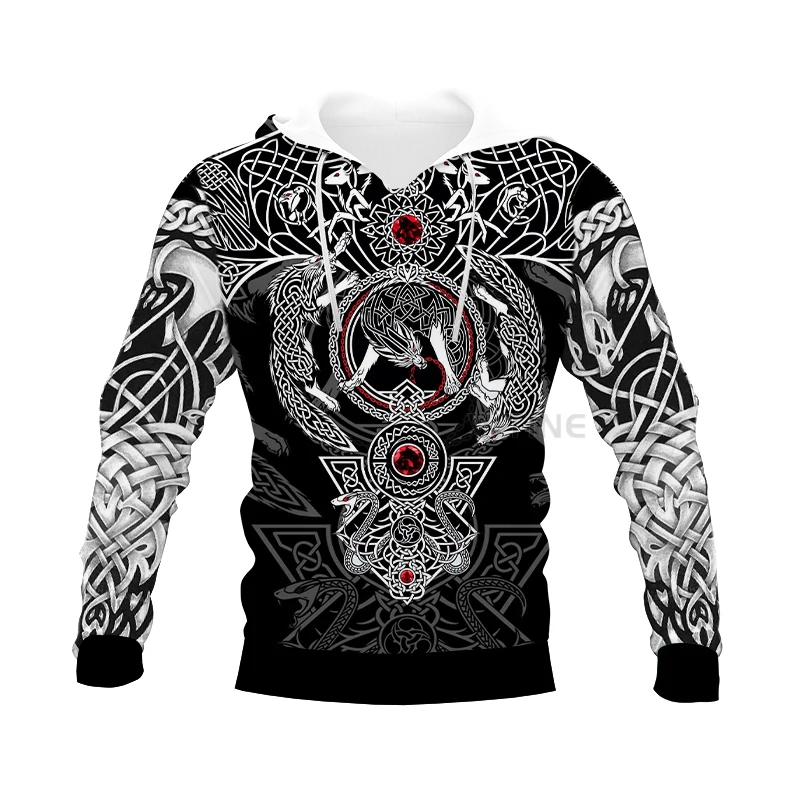 

Wholesale Graphic Spring Autumn Winter Hip Hop Casual 3D Print Viking Tattoo Hoodie Polyester v7