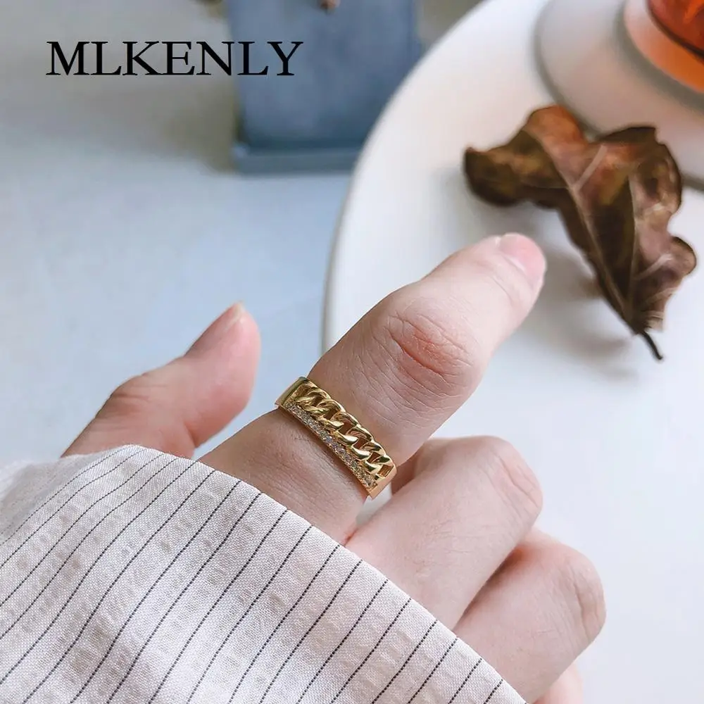 

MLKENLY Fashion Jewelry 925 Sterling Silver Open Ring Simple versatile gold chain with diamond ring net red niche ring for women