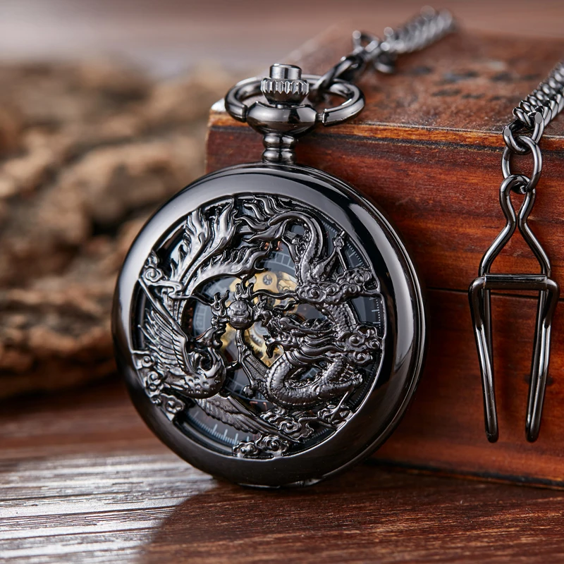 

Retro Mechanical Pocket Watch Dragon Play Ball Steampunk Skeleton Hand-wind Flip Clock Fob Watch With Chain Double Hunter Gift