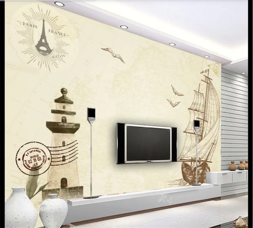 

Custom wallpaper mural 3D-8D wall covering retro nostalgic sailboat lighthouse sofa background wall decoration painting