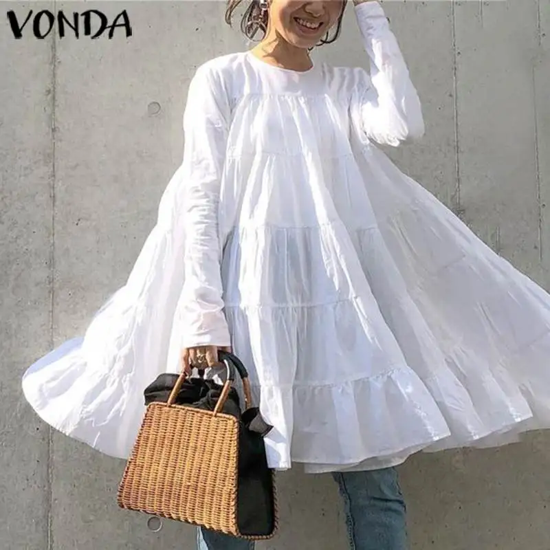 VONDA женское винтажное платье с круглым вырезом и длинным рукавом богемное