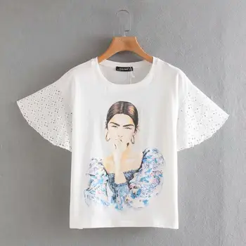 

New 2020 Women Summer Lace Sleeve Patchwork Casual White T-shirt Female Chic O Neck Beauty Lady Print T Shirts Leisure Tops