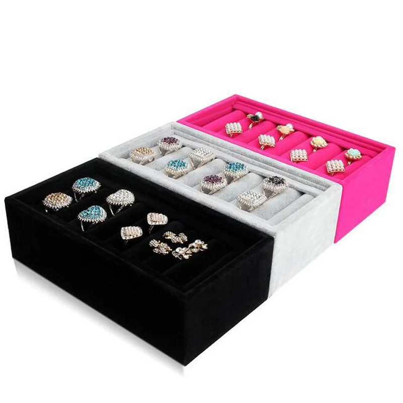 8 Positions Velvet Jewelry Trays Box Rings Storage Box Jewelry Case Display Convenient Charming Women Rings Tray Makeup Cases 3pcs lot jewelry foam tray diy inserts liners velvet jewellery rings bracelet watch showed case earrings hole tray for jewelry