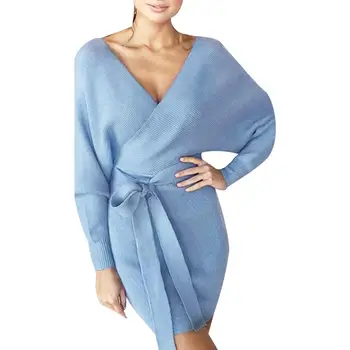 

Winter Women Solid Color V Neck Long Sleeve Belted Bodycon Knitted Mini Dress Long Sleeve Belted Bodycon Knitted Mini Dress