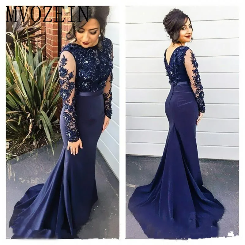 

Blue Muslim Evening Dresses 2019 Mermaid Long Sleeves Lace Beaded Islamic Dubai Saudi Arabic Long Evening Gown