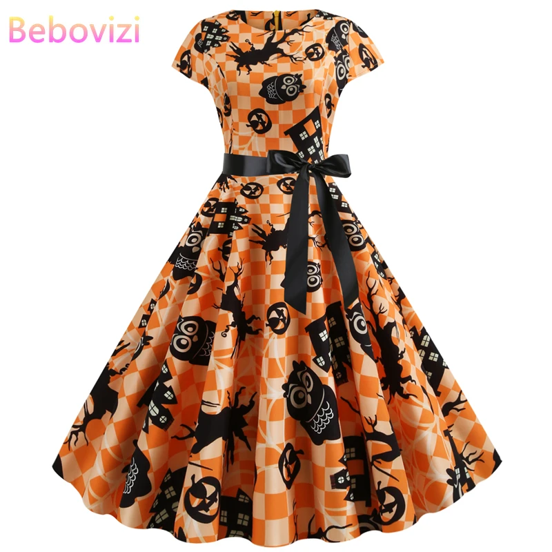 

Bebovizi 2019 Autumn Halloween Women Dresses Short Pumpkin Print Elegant Party Vestidos Plus Size Vintage Yellow Bandage Dress
