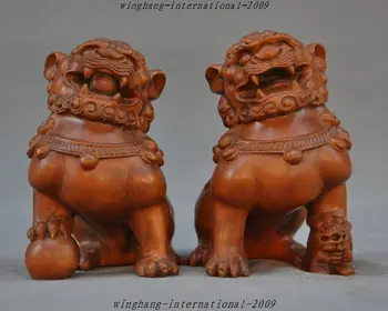 

christmas China Fengshui Old Boxwood Pure Hand-Carved Foo Dog Evil Beast Lion Statue Pair halloween