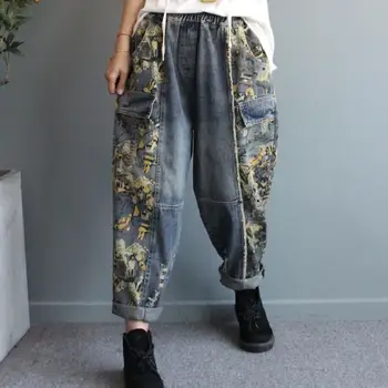 

2020 Spring Korean Ladies Printed Denim Trousers Womens Elastic waist Ripped Jeans Patchwork Vintage loose Harem Pants r248