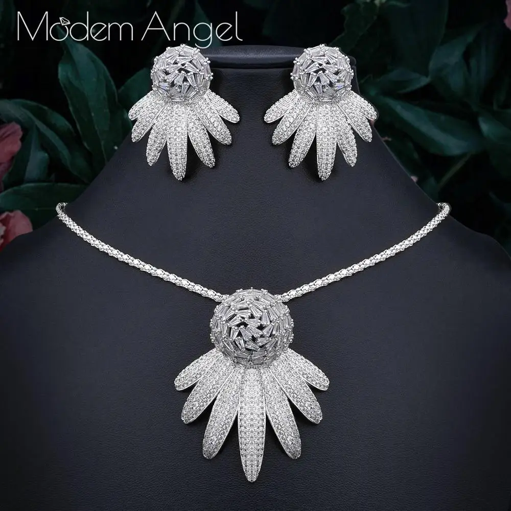 white ModemAngel, модный Свадебный комплект из 2 предметов, ожерелье, серьги, наборы для женщин, аксессуары, полный кубический цирконий, серьги, ювелирные изделия - Окраска металла: white