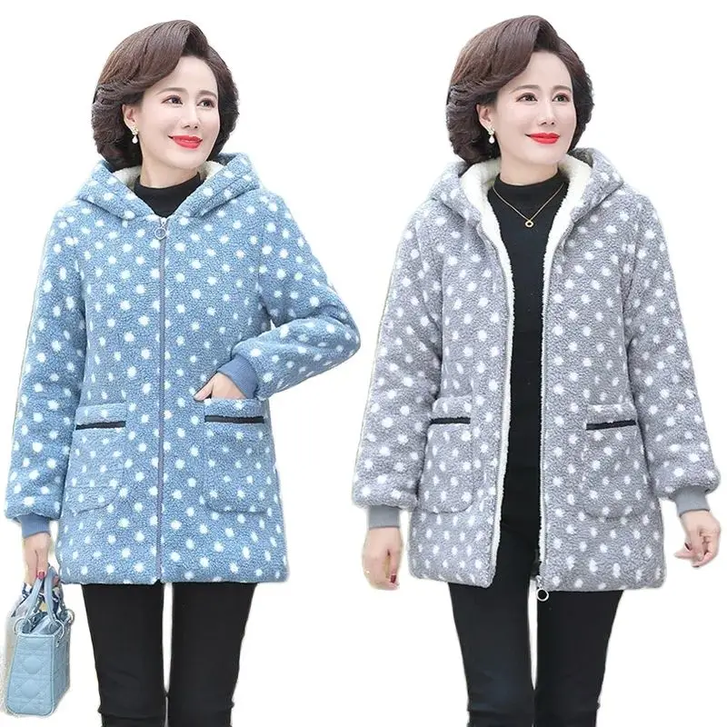 

Middle-Aged Ladies Jacket Grain Fleece Add Velvet Thicken Hooded Dots Women Coat Winter New Mother Keep Warm Cotton Clothes