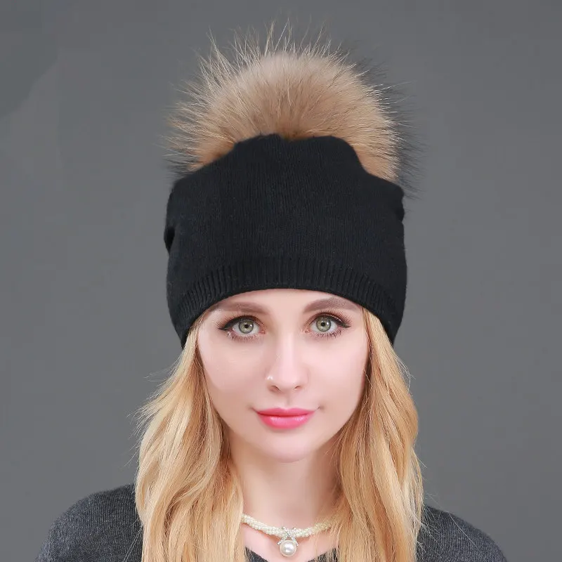 High Quality Women Dual layer Wool Knitted hats with big Real Fur Pompoms Warm Slouchy beanies hat ladies Fashion Skullies - Цвет: black