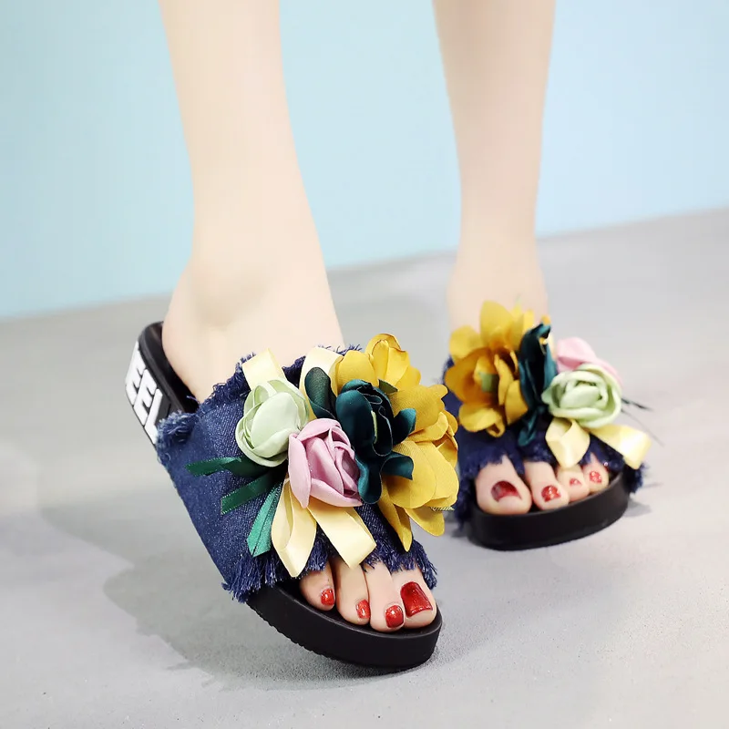 

2018 New Style Korean-style Sandals Women's Summer Denim Sandals Handmade Flower liu xu Flat Heel WOMEN'S Sandals