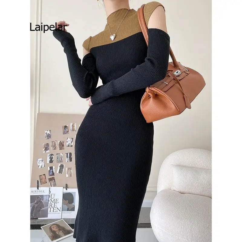 

French Vintage Sweater Dress Women Casual Long Sleeve Knitted Dress Office Lady Slim One Piece Dress Korean Fashion 2021 Autumn