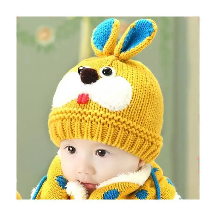 2Pcs Kids Baby Winter Warm Cartoon Rabbit Shape Casual, Street, Outdoor Knitted Cap and 6-48 Months Scarf