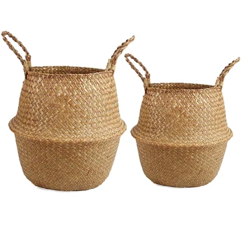 

2Pcs Woven Straw Basket for Storage Plant Pot Basket and Laundry, Picnic and Grocery Basket (Middle+Large)