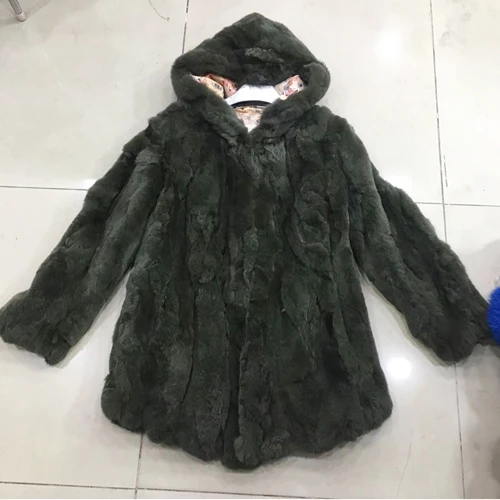 armygreen Женская новая зимняя длинная куртка из натурального меха Рекс, женская шуба из кролика Рекс, натуральный мех кролика Рекс, верхняя одежда с капюшоном - Цвет: armygreen