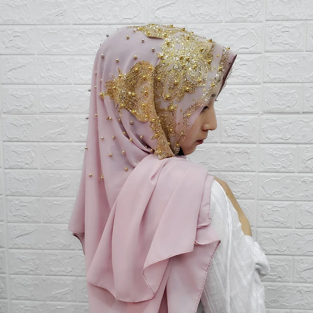 Роскошный дизайнерский женский свадебный хиджаб шарф с кружевом исламский Бисероплетение шифоновый головной платок Малайзия шаль без рисунка обертывания женский тюрбан