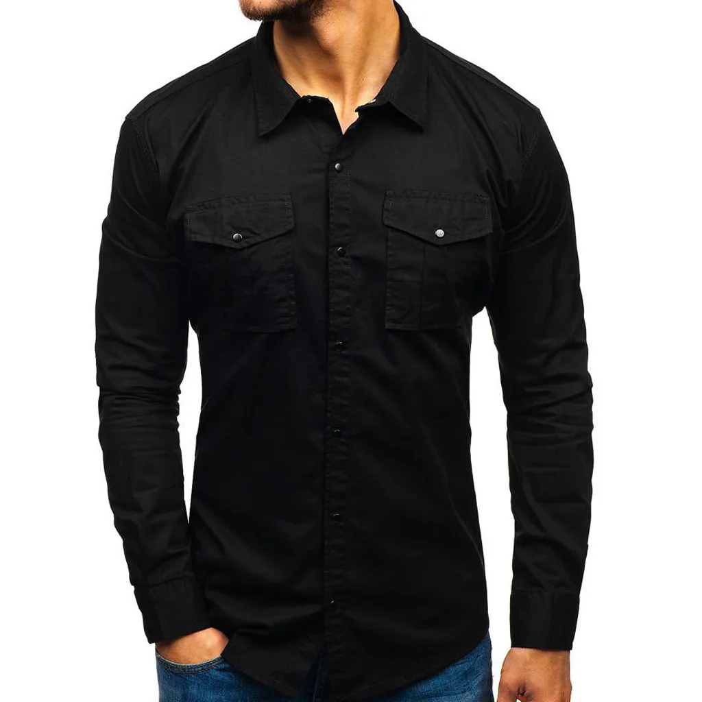 Camisa Masculina крутая Мужская Осенняя модная Рабочая Рубашка с несколькими карманами и длинными рукавами, топ, блуза, однотонный цвет