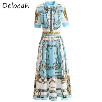 

Delocah Elegant Summer Dress Women Fashion Designer Women Short Sleeve Lapel Beaded Printing Loose Ladies Short Dress Vestoidos
