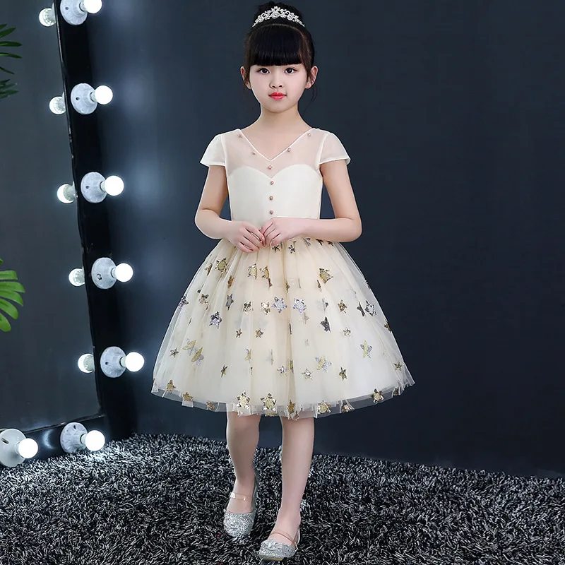 

Sequined Stars Kids Gowns V-neck Flower Girl Dresses Ball Gown Girls Pageant Dress for Birthday Costume Beading Party Dress