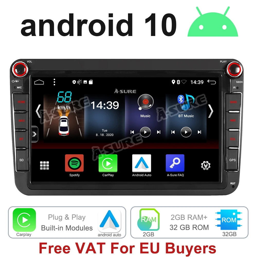 A-Sure 2 Din Android 10 0 радио CarPlay DVD BT WIFI DAB + GPS-навигация для Volkswagen VW Golf MK 5 Polo Passat b6 Tiguan SKODA |