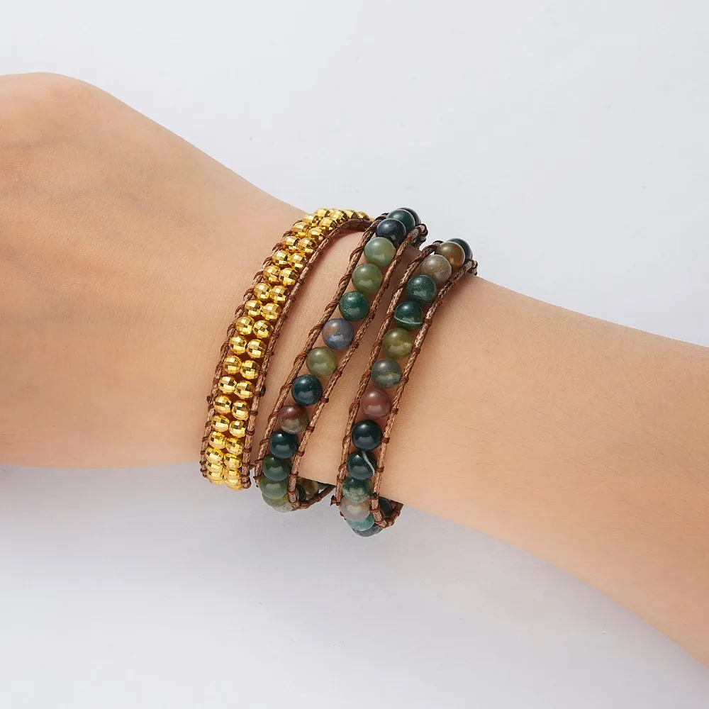 Women Bohemian Bracelets Vintage Multi-layer Leather Wrap Bracelet Handmade Rope Indian Natural Stone Bracelets Dropship