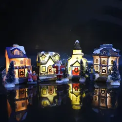 Juego de estatuillas en miniatura para Navidad, Set de 10 piezas de Papá Noel, casa de nieve, luminosas LED, árbol de Navidad, tienda, pueblo, estatua, decoraciones