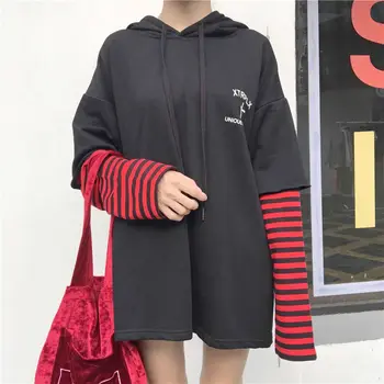

Fashion Fake 2PC Patchwork Stripes Hoodies Autumn Loose Hip Hop Hooded Pullover Harajuku Oversize Long Sleeve Casual Sweatshirt