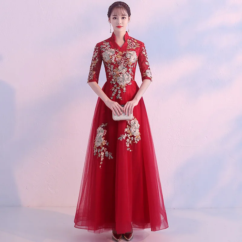 Китайские вечерние платья, свадебные, qi pao, элегантные, длинные, qipao gloden, вышивка, кружево, cheongsam, китайские, красные, свадебные платья для невесты - Цвет: color6